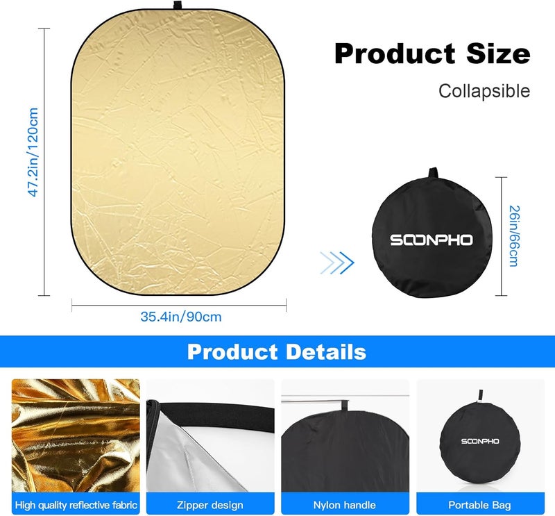 soonpho Reflector Photography 35 x 47 inch/90 x 120cm 5-in-1 Collapsible Oval Light Reflectors Diffuser for Photography with Holder Cilp and Carring Case for Studio, Outdoor Lighting and Shooting - Image 4